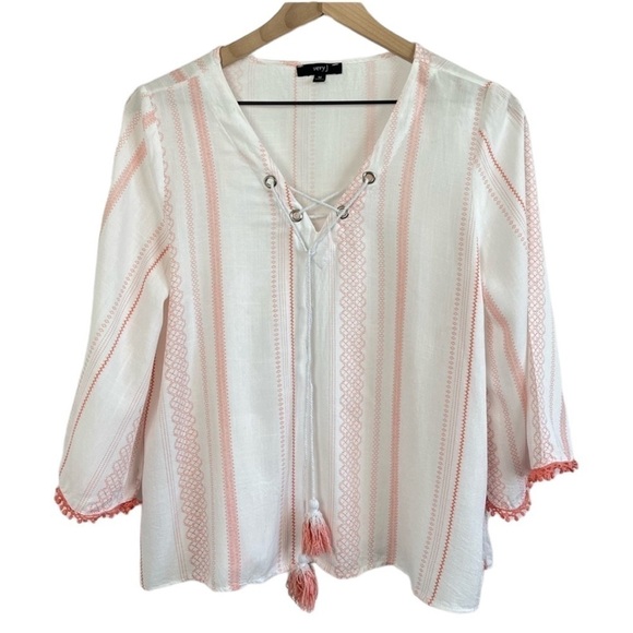 Very J Tunic Top. V-neck Bell Sleeve with Tassels. White and Orange. Size Medium - Picture 1 of 6